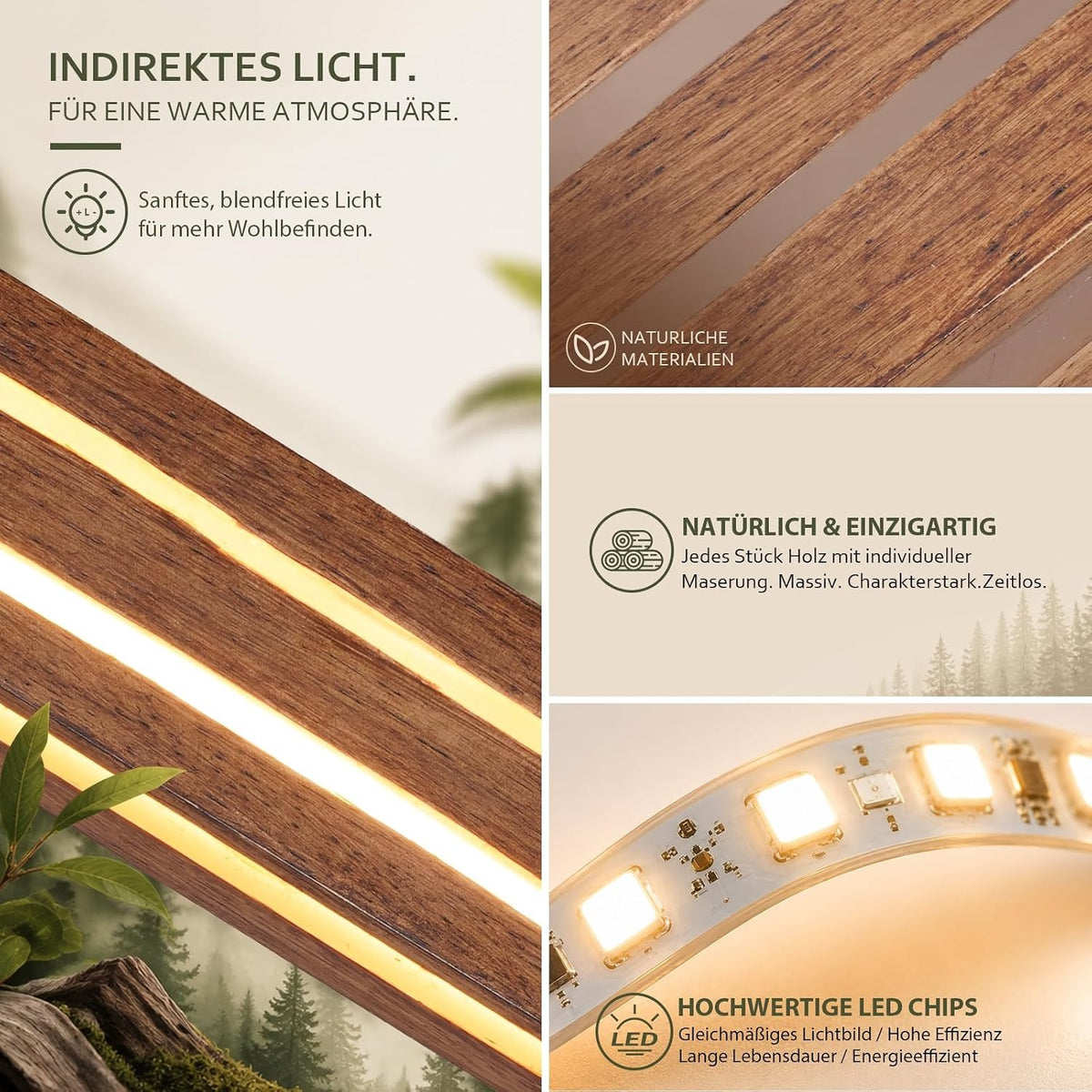 ZMH LED Wandleuchte Holz 100cm Wandlampe innen modern Wohnzimmer 3000K 16W