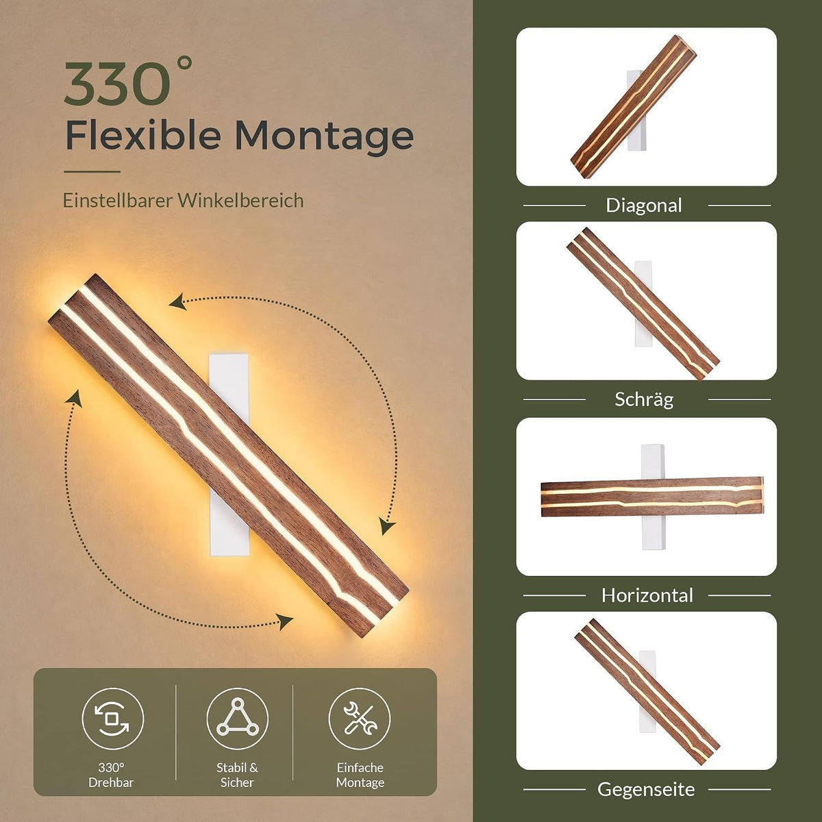 ZMH Wandleuchte innen Holz 50cm Wandlampe LED Wohnzimmer modern Warmweiß 8W