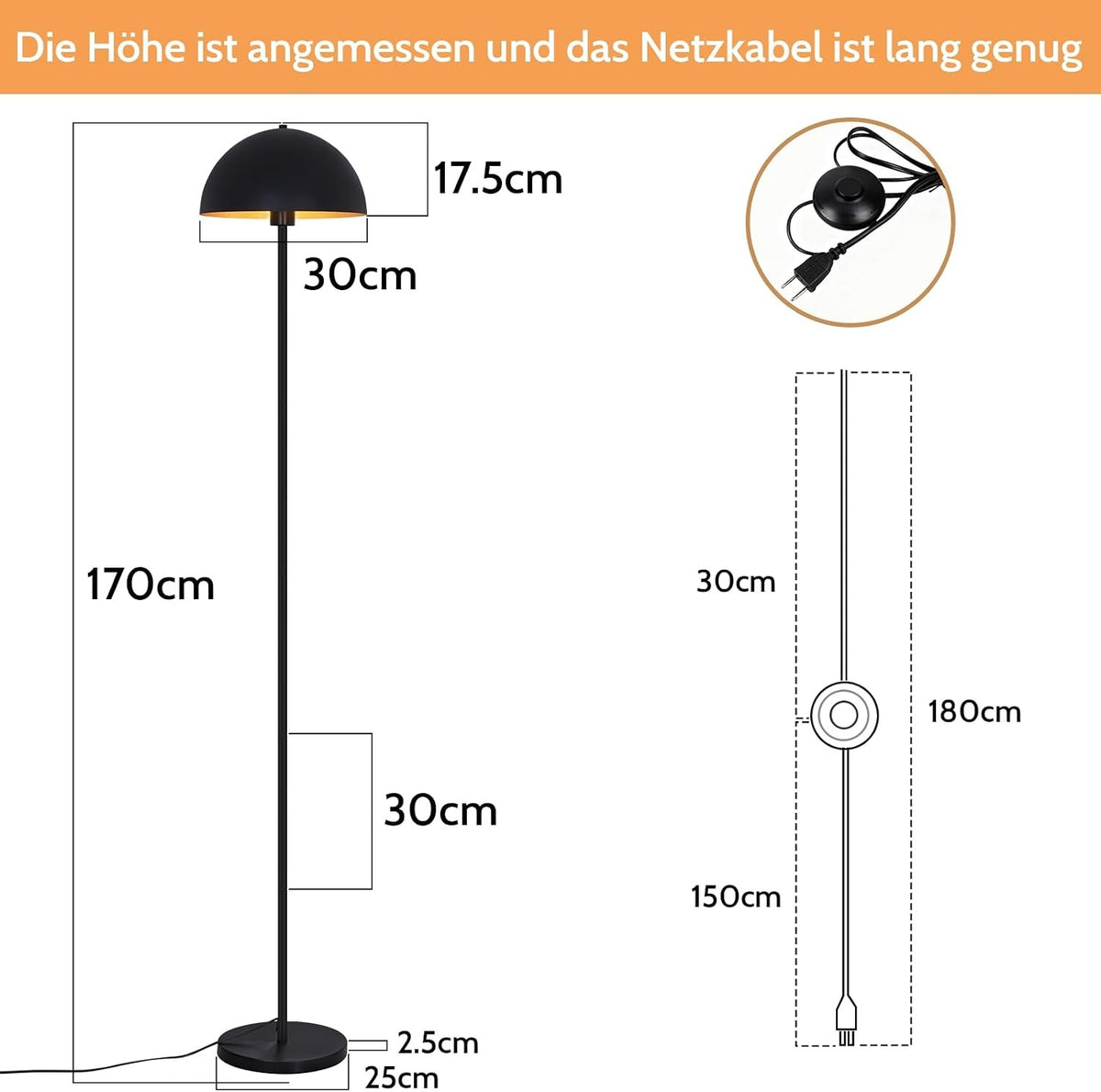 ZMH Stehlampe Bodenlampe für Wohnzimmer, Metall Stehleuchte modern 170 cm