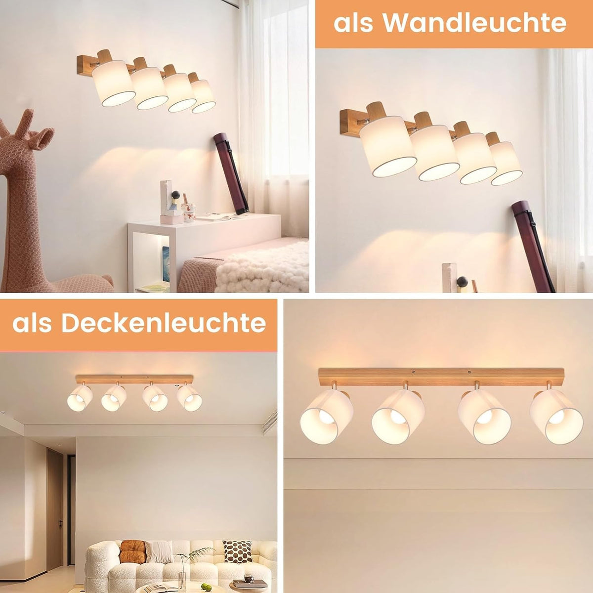 ZMH Deckenstrahler 4-1 Flammig Deckenlampe Wohnzimmer Holz E14