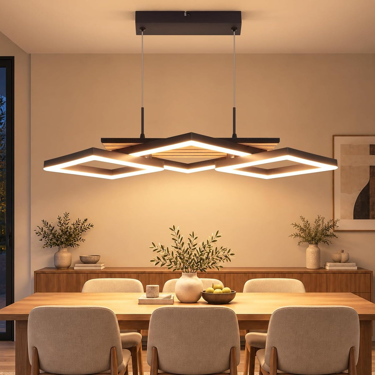ZMH Pendelleuchte Esstisch LED Hängelampe 3-Rauten-Design Holzoptik 58cm
