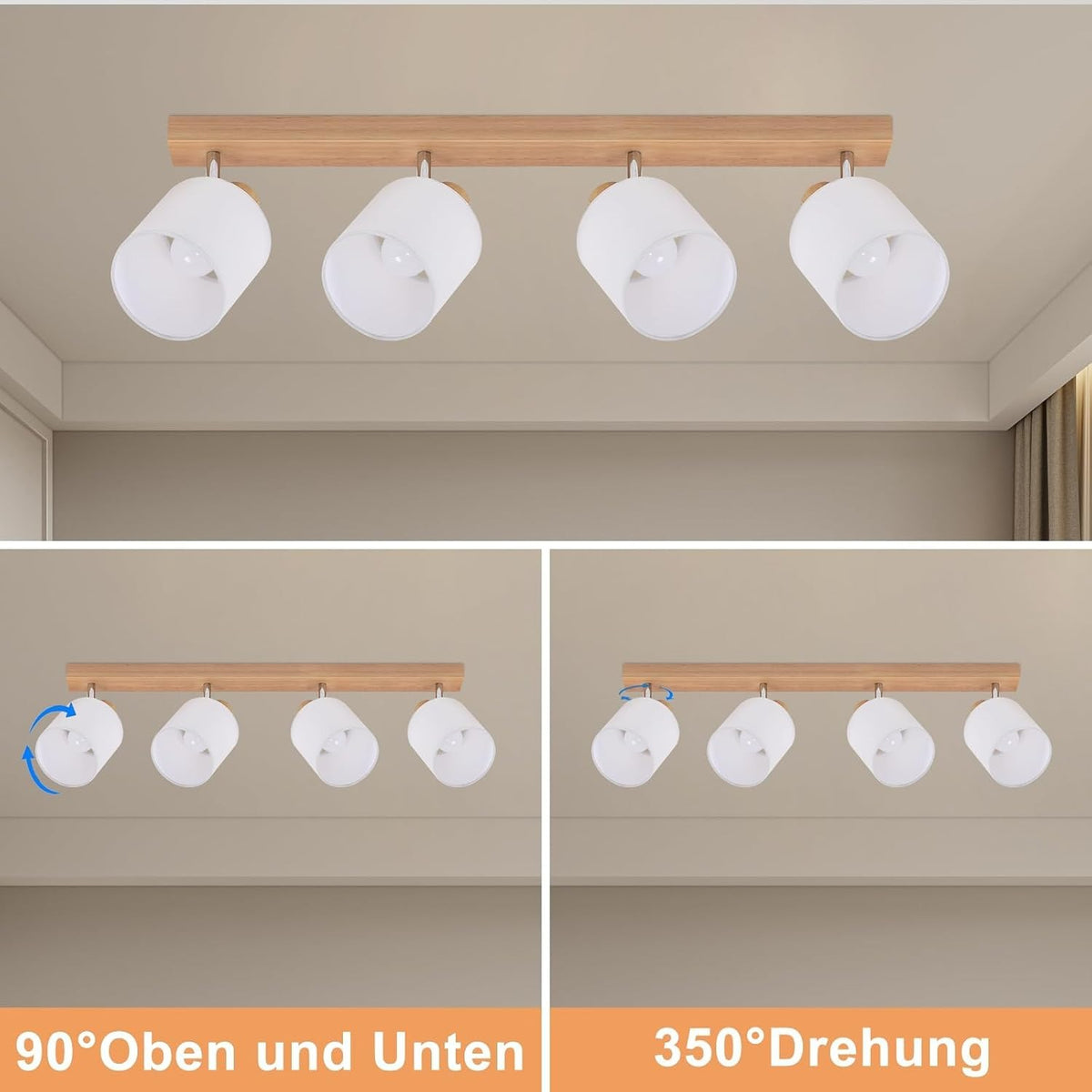 ZMH Deckenstrahler 4-1 Flammig Deckenlampe Wohnzimmer Holz E14