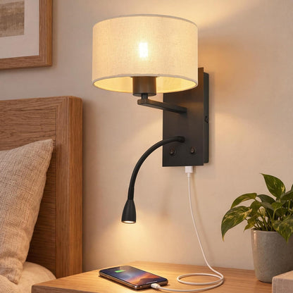 ZMH Wandleuchte Innen mit USB Anschluss Leselampe E27 Stoffschirm Schwarz
