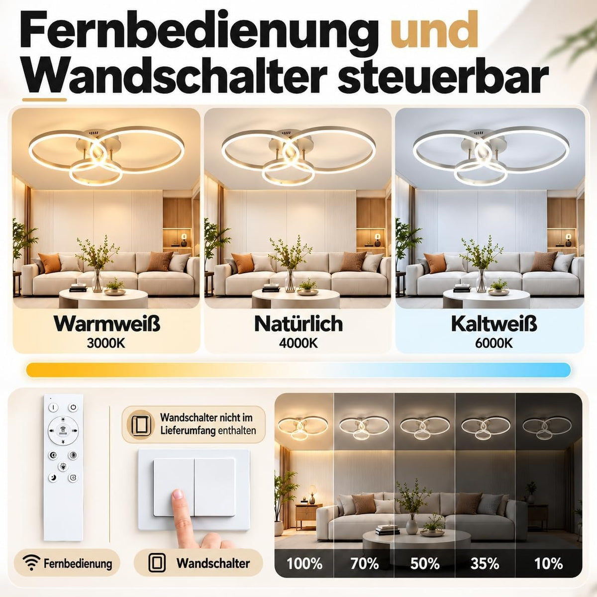 ZMH Deckenlampe LED Deckenleuchte Wohnzimmer 74W Wohnzimmerlampe dimmbar