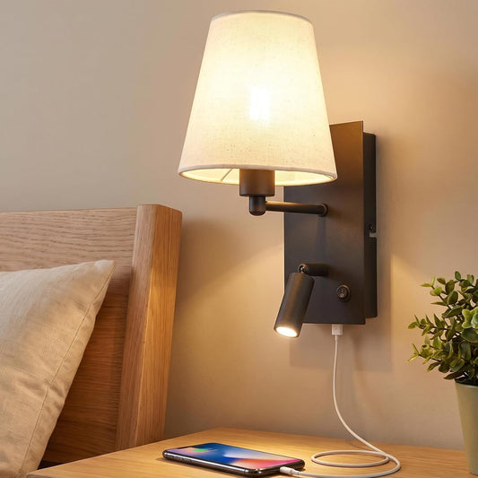 ZMH Wandleuchte mit USB-Ladeanschluss Leselampe E14 Stoffschirm Schwarz
