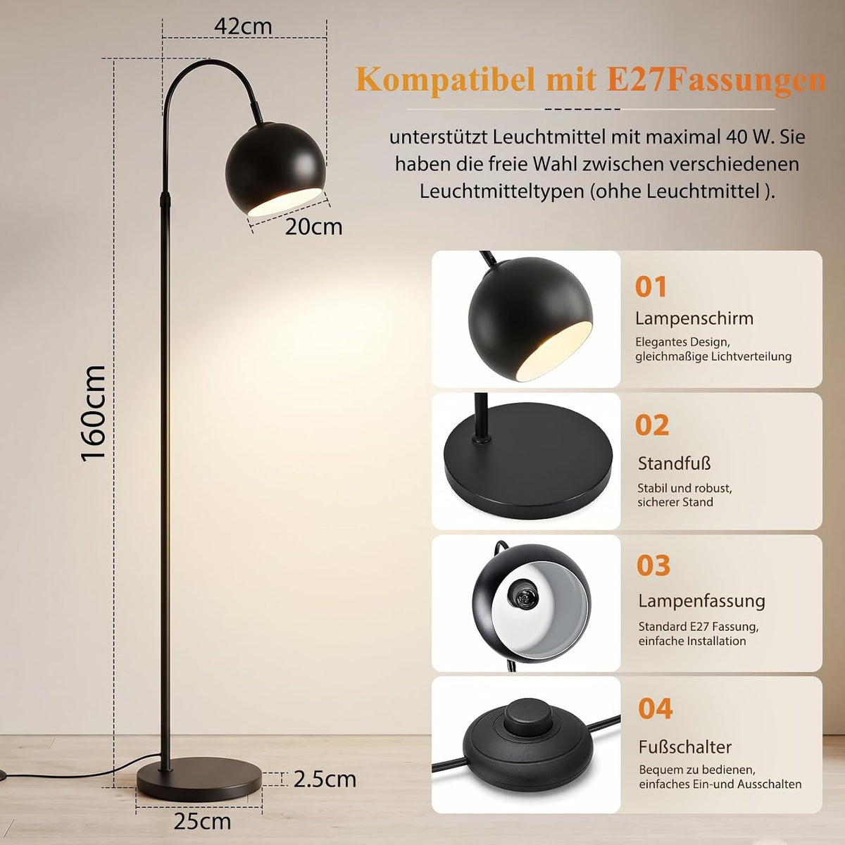 ZMH Stehlampe Wohnzimmer Bogenlampe E27 Fussschalter