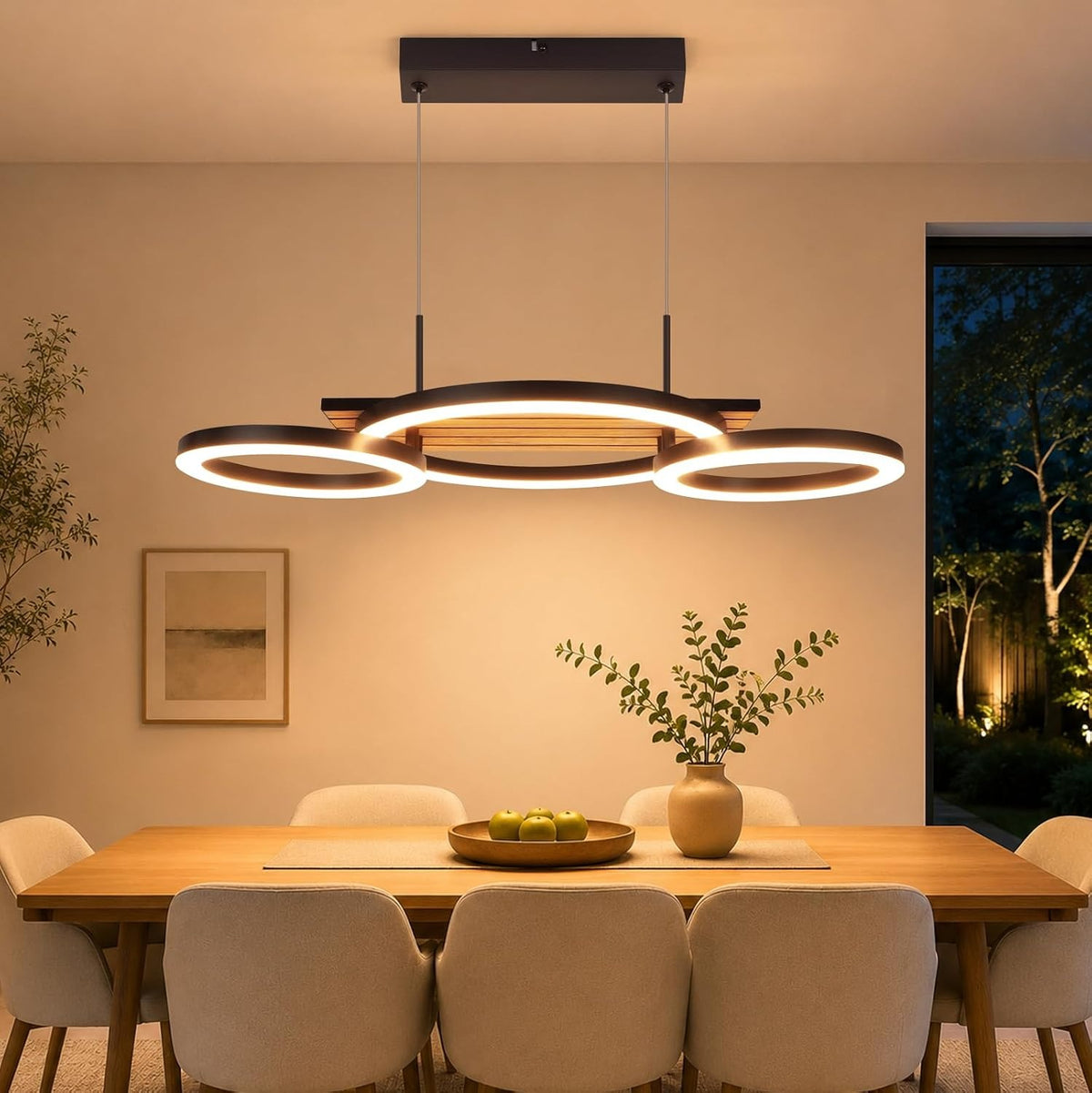 ZMH Pendelleuchte Esstisch 3-Ring-Design LED Hängelampe Holzoptik 58cm