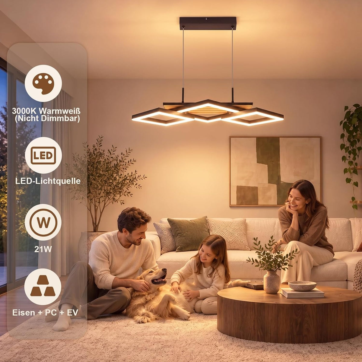 ZMH Pendelleuchte Esstisch LED Hängelampe 3-Rauten-Design Holzoptik 58cm