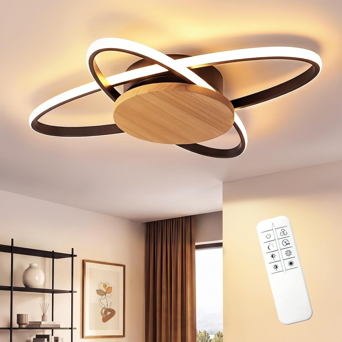 ZMH Deckenlampe LED Holz Deckenleuchte Wohnzimmer 37W Schwarz Küchenlampe