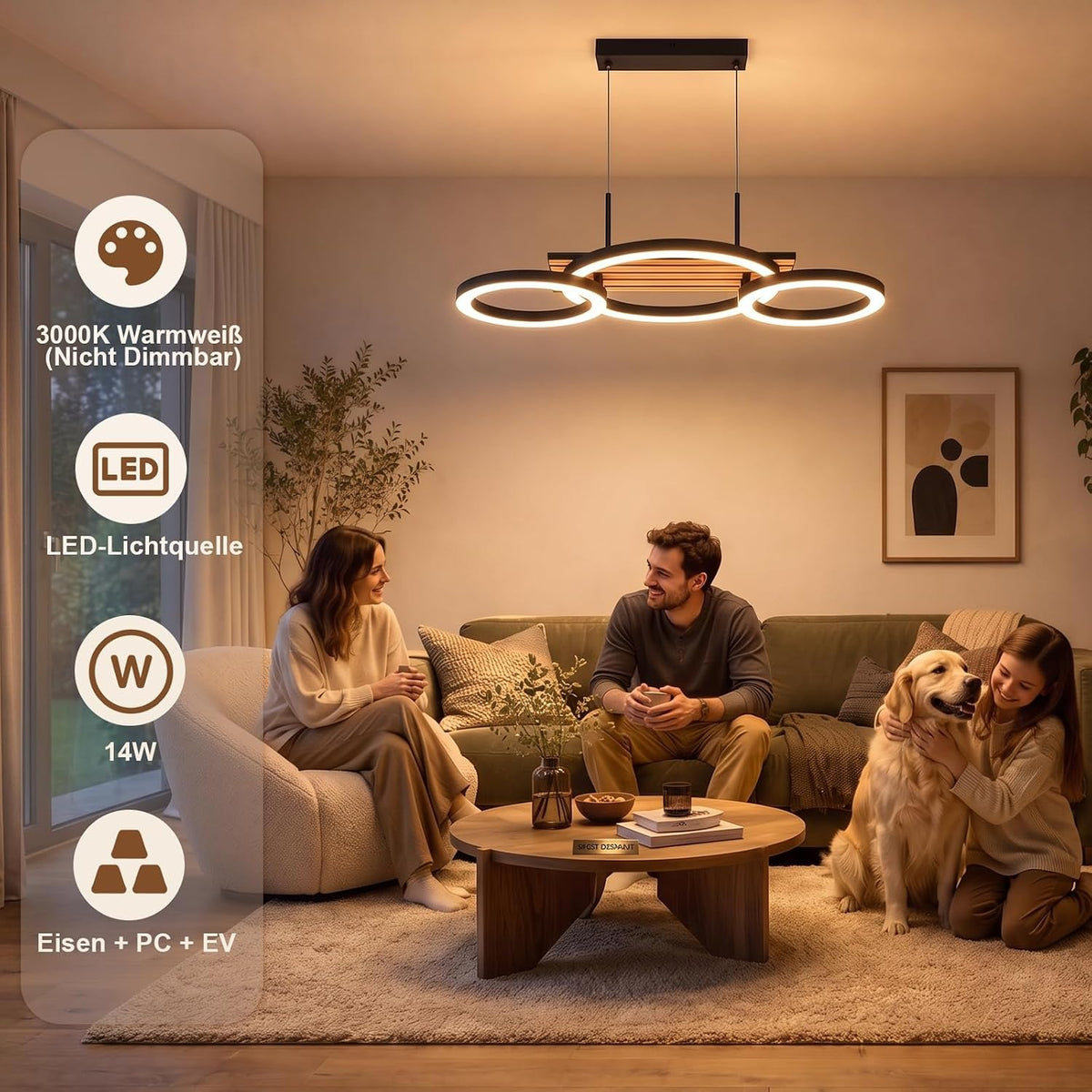 ZMH Pendelleuchte Esstisch 3-Ring-Design LED Hängelampe Holzoptik 58cm