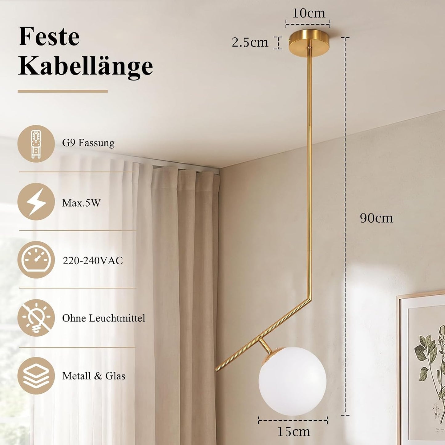 ZMH Pendelleuchte Opal Glas Esstisch Gold Schlafzimmer Modern Hängelampe