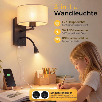 ZMH Wandleuchte Innen mit USB Anschluss Leselampe E27 Stoffschirm Schwarz