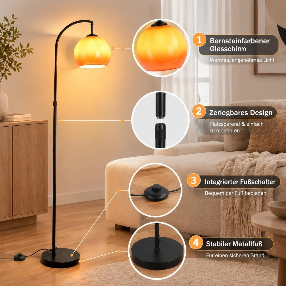 ZMH Bogenlampe Vintage Stehlampe Wohnzimmer Stehleuchte E27 Industrial