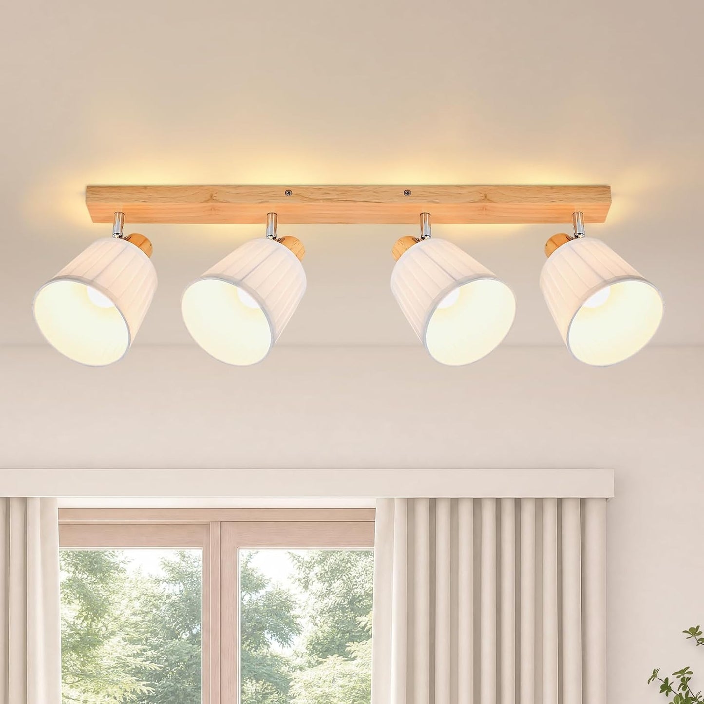 ZMH Deckenstrahler 4 Flammig Holz Deckenleuchte Deckenlampe Vintage | Schlafzimmerlampe E14 Boho mit Weiß Stoffschirm Retro drehbar 350°