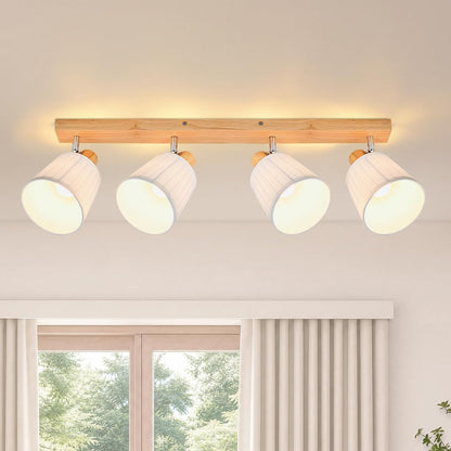ZMH Deckenstrahler 4 Flammig Holz Deckenleuchte Deckenlampe Vintage | Schlafzimmerlampe E14 Boho mit Weiß Stoffschirm Retro drehbar 350°