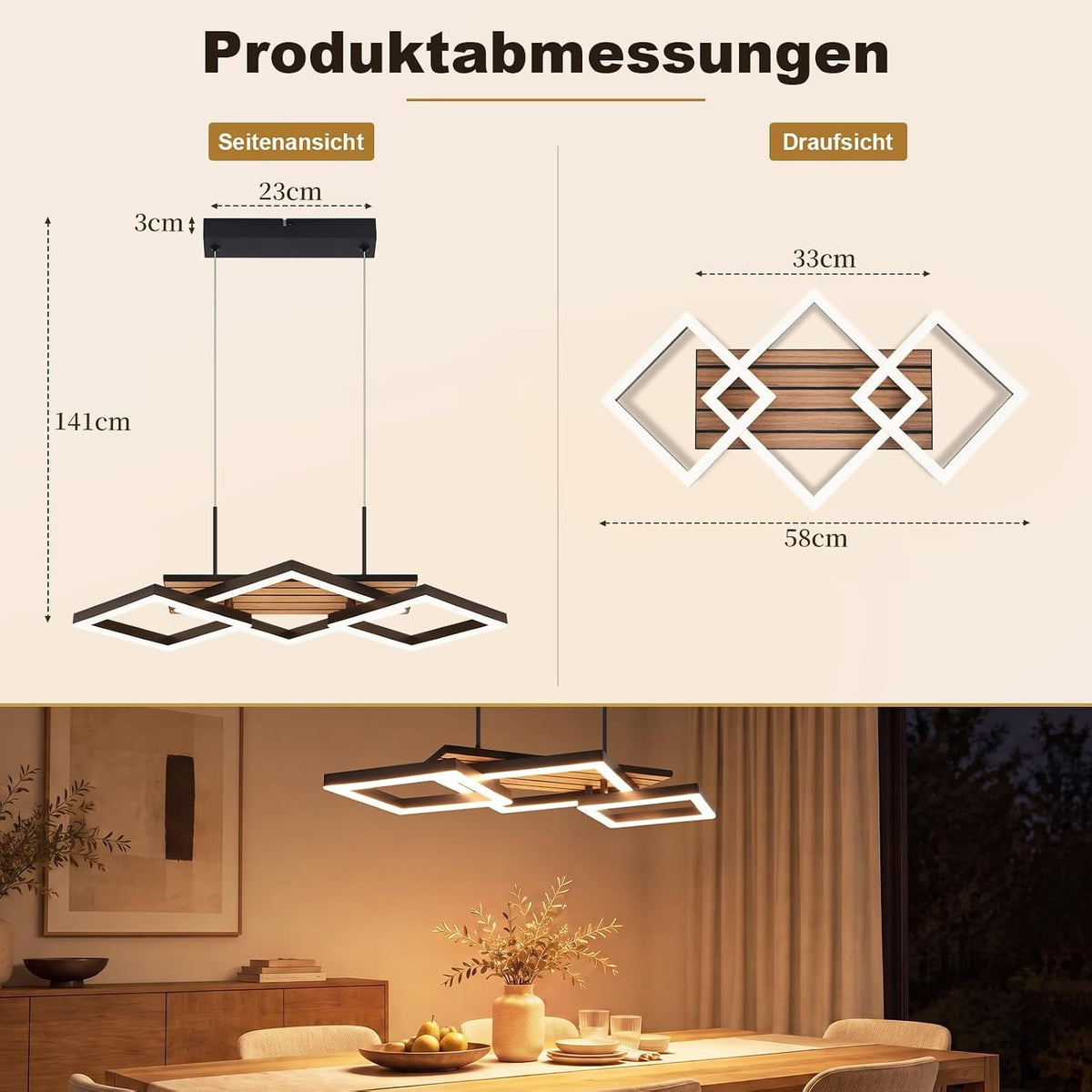 ZMH Pendelleuchte Esstisch LED Hängelampe 3-Rauten-Design Holzoptik 58cm