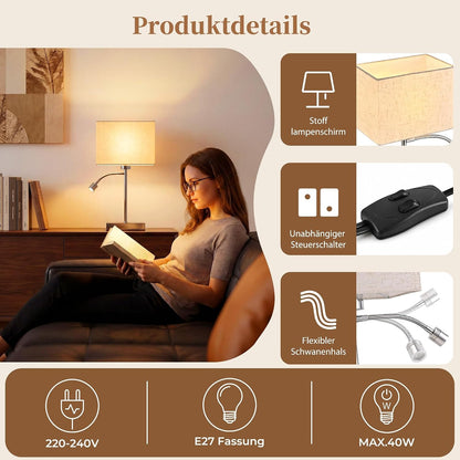 ZMH Schreibtischlampen mit Kabel E27 Tischlampe mit LED Leselampe