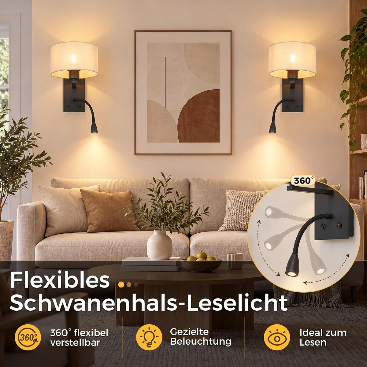 ZMH Wandleuchte Innen mit USB Anschluss Leselampe E27 Stoffschirm Schwarz