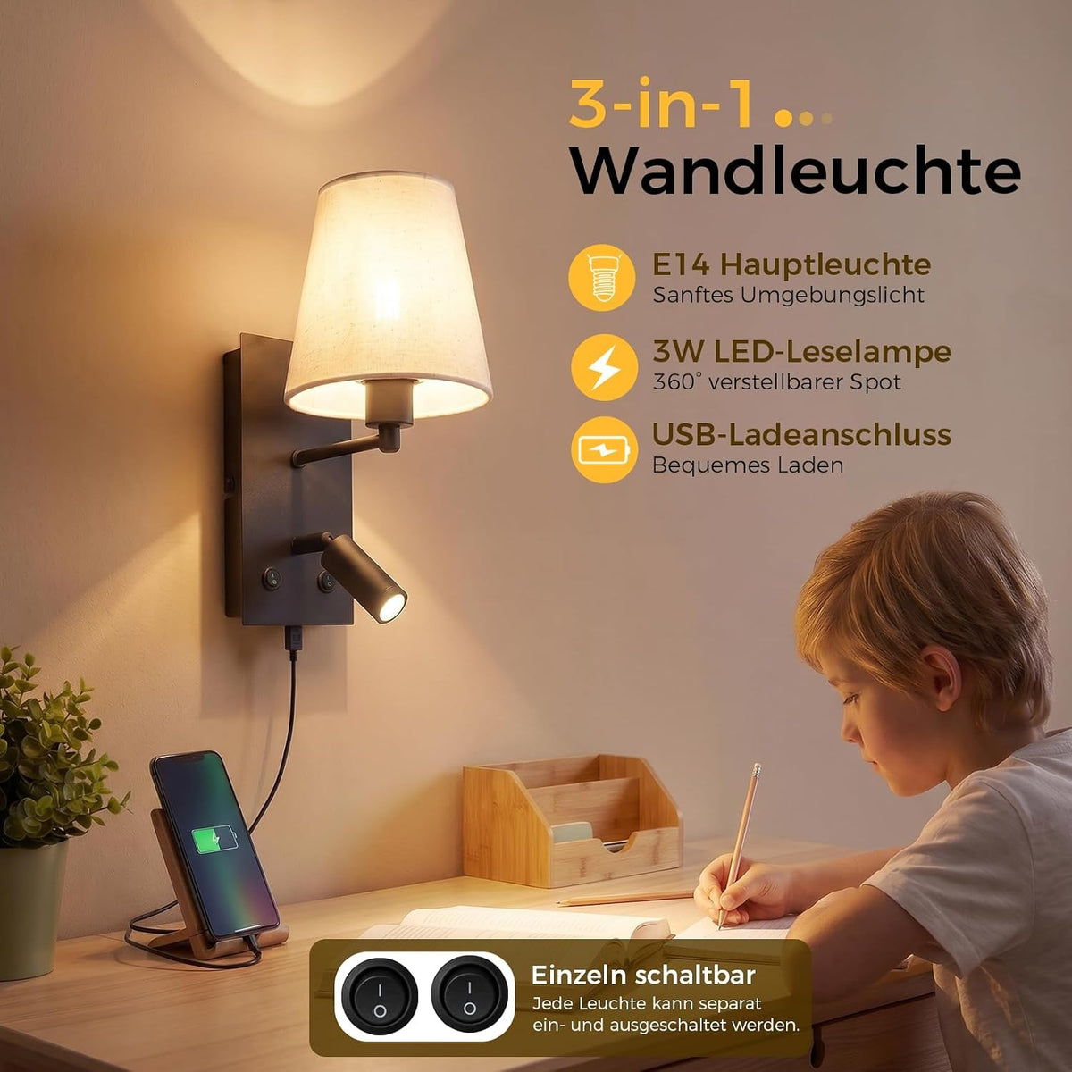 ZMH Wandleuchte mit USB-Ladeanschluss Leselampe E14 Stoffschirm Schwarz
