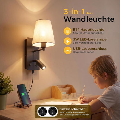 ZMH Wandleuchte mit USB-Ladeanschluss Leselampe E14 Stoffschirm Schwarz