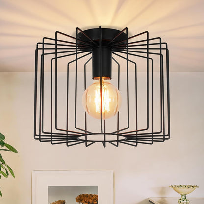 ZMH Deckenlampe Flur Deckenleuchte Vintage: Schwarz Metall Flurlampe Decke E27 Käfig Küchenlampe Retro Ø27CM Industrial Innen Deckenbeleuchtung für Küche Schlafzimmer Wohnzimmer Balkon Eingang
