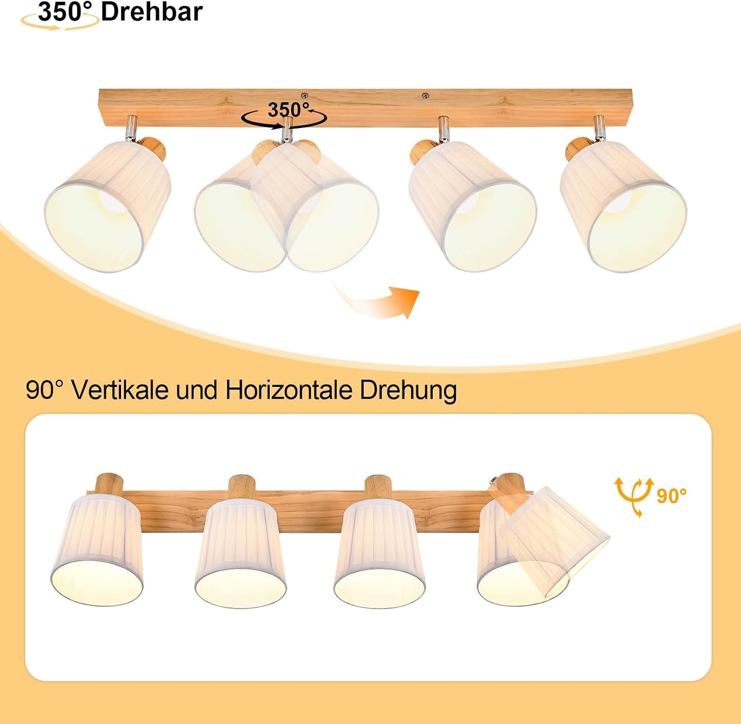 ZMH Deckenstrahler 4 Flammig Holz Deckenleuchte Deckenlampe Vintage | Schlafzimmerlampe E14 Boho mit Weiß Stoffschirm Retro drehbar 350°