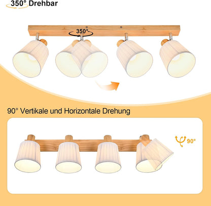 ZMH Deckenstrahler 4 Flammig Holz Deckenleuchte Deckenlampe Vintage | Schlafzimmerlampe E14 Boho mit Weiß Stoffschirm Retro drehbar 350°