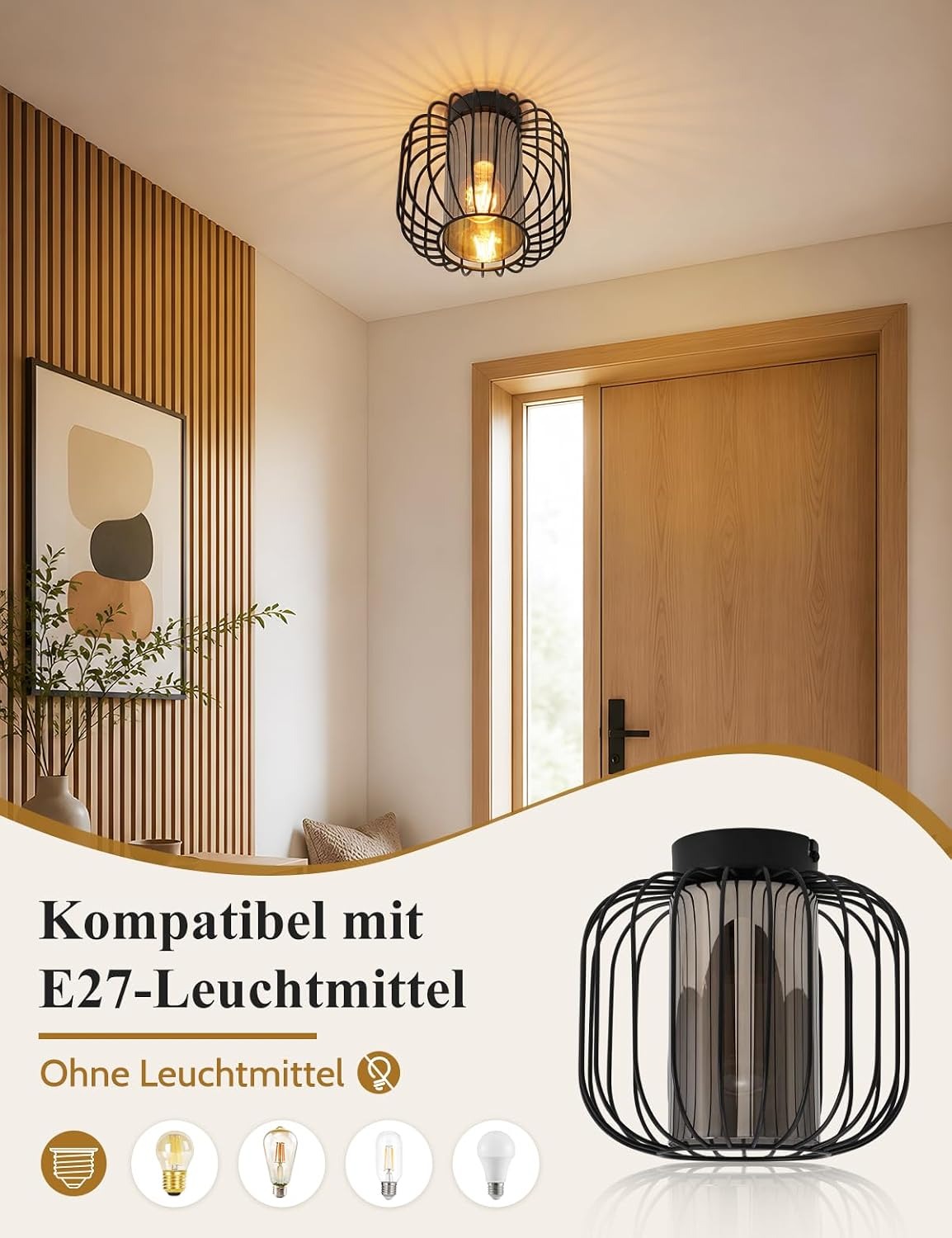 ZMH Deckenleuchte Vintage 1-flammig mit Glas-Schirm E27 schwarzes