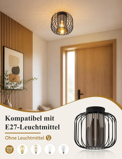 ZMH Deckenleuchte Vintage 1-flammig mit Glas-Schirm E27 schwarzes