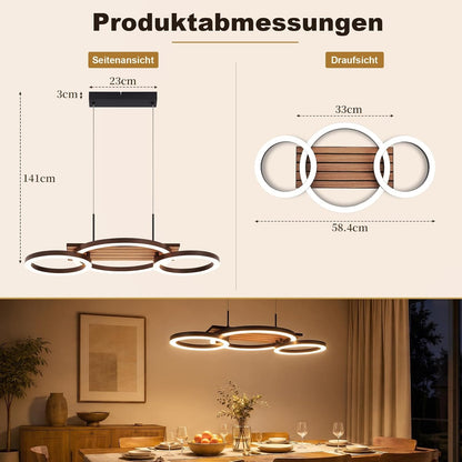 ZMH Pendelleuchte Esstisch 3-Ring-Design LED Hängelampe Holzoptik 58cm