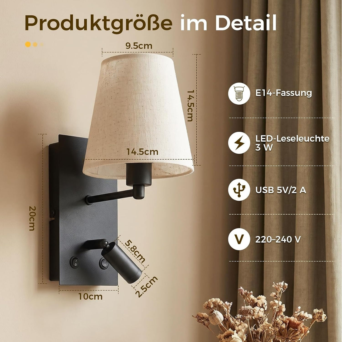 ZMH Wandleuchte mit USB-Ladeanschluss Leselampe E14 Stoffschirm Schwarz