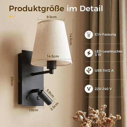 ZMH Wandleuchte mit USB-Ladeanschluss Leselampe E14 Stoffschirm Schwarz