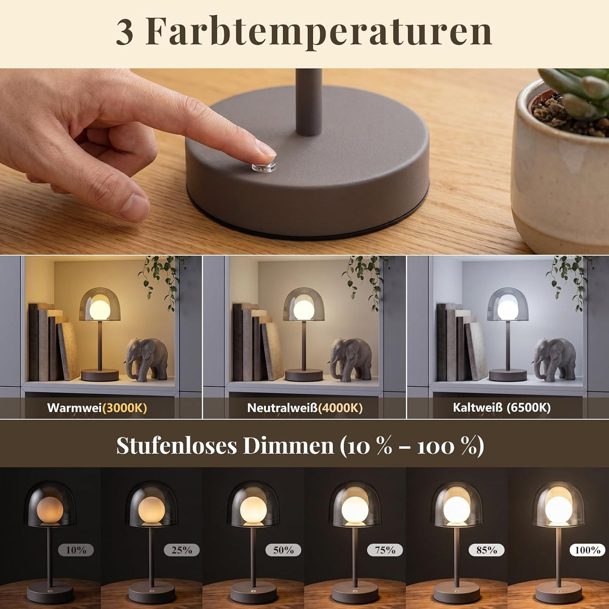 ZMH LED Tischlampe kabellos dimmbar Touch Akku Sandgrau