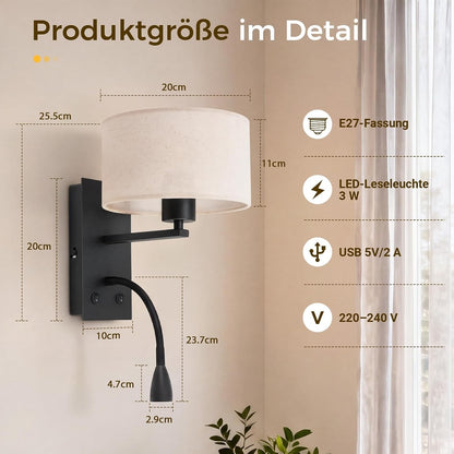 ZMH Wandleuchte Innen mit USB Anschluss Leselampe E27 Stoffschirm Schwarz