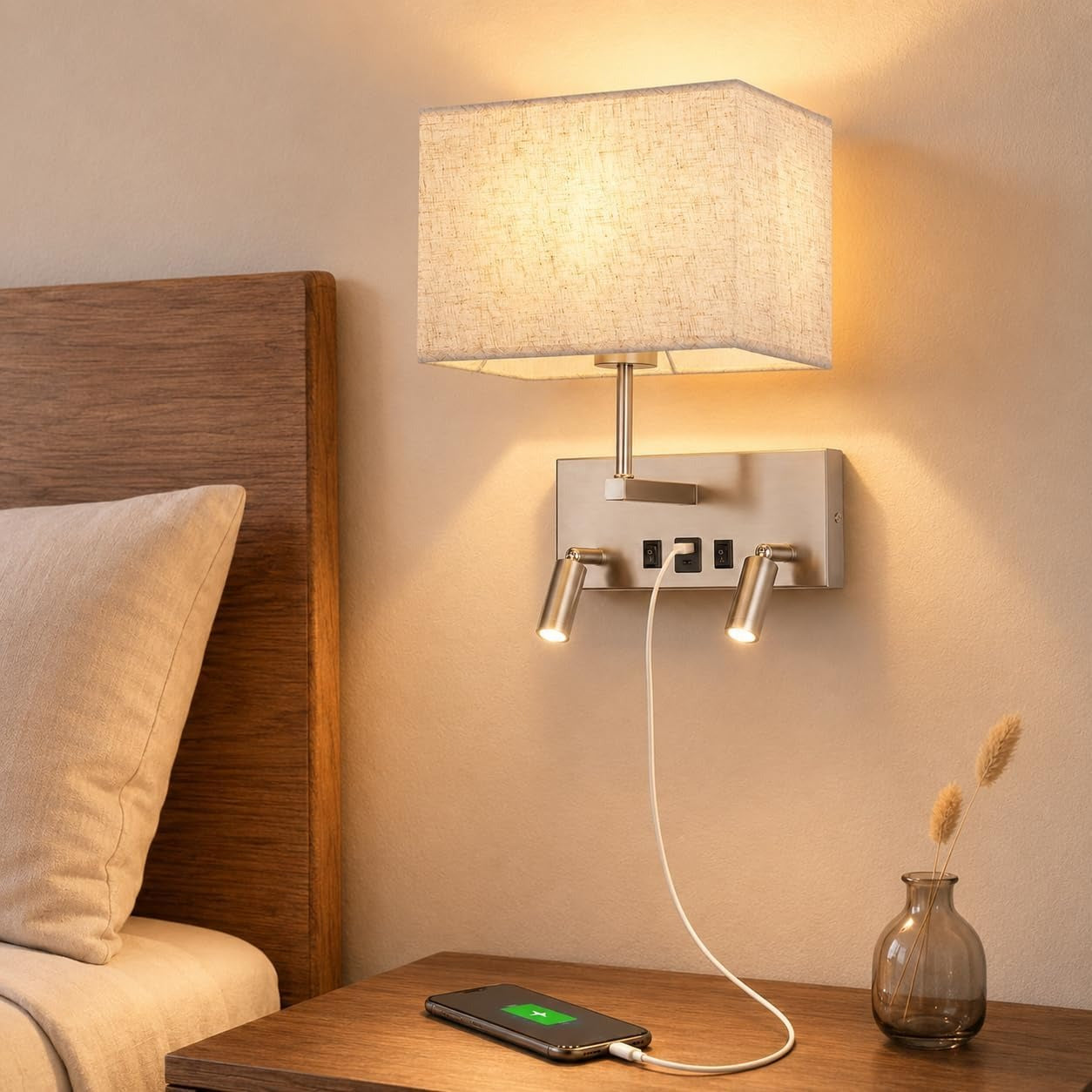 ZMH Wandleuchte innen mit Schalter Modern E27 Stoffschirm Design Wandlampe