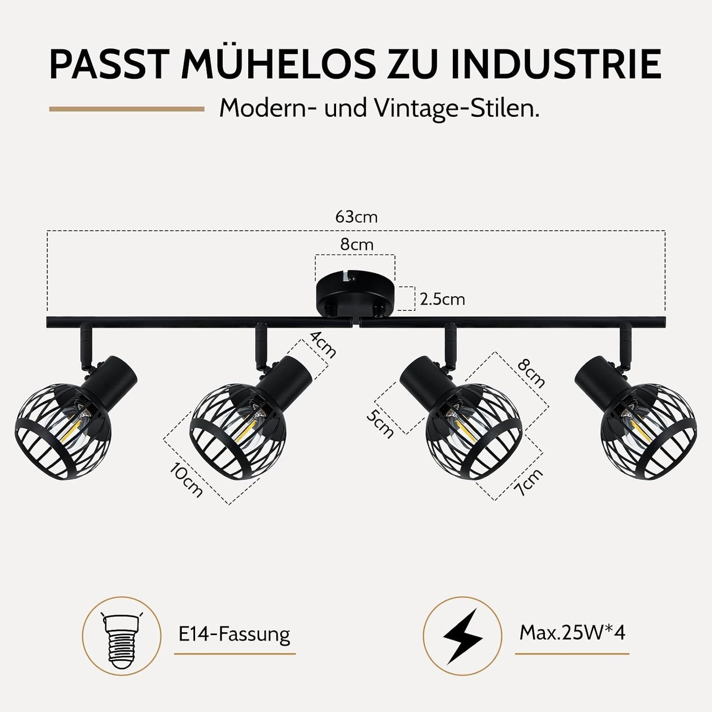 ZMH Deckenstrahler 1-4 Flammig Schwarz Wandlampe Innen E14 Vintage Industria
