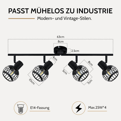 ZMH Deckenstrahler 1-4 Flammig Schwarz Wandlampe Innen E14 Vintage Industria
