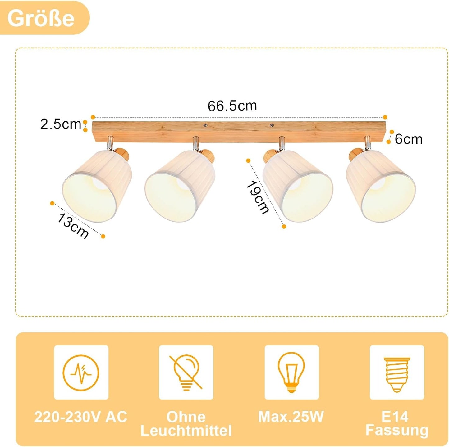 ZMH Deckenstrahler 4 Flammig Holz Deckenleuchte Deckenlampe Vintage | Schlafzimmerlampe E14 Boho mit Weiß Stoffschirm Retro drehbar 350°