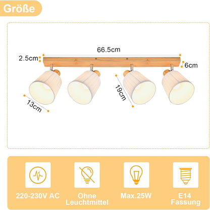 ZMH Deckenstrahler 4 Flammig Holz Deckenleuchte Deckenlampe Vintage | Schlafzimmerlampe E14 Boho mit Weiß Stoffschirm Retro drehbar 350°
