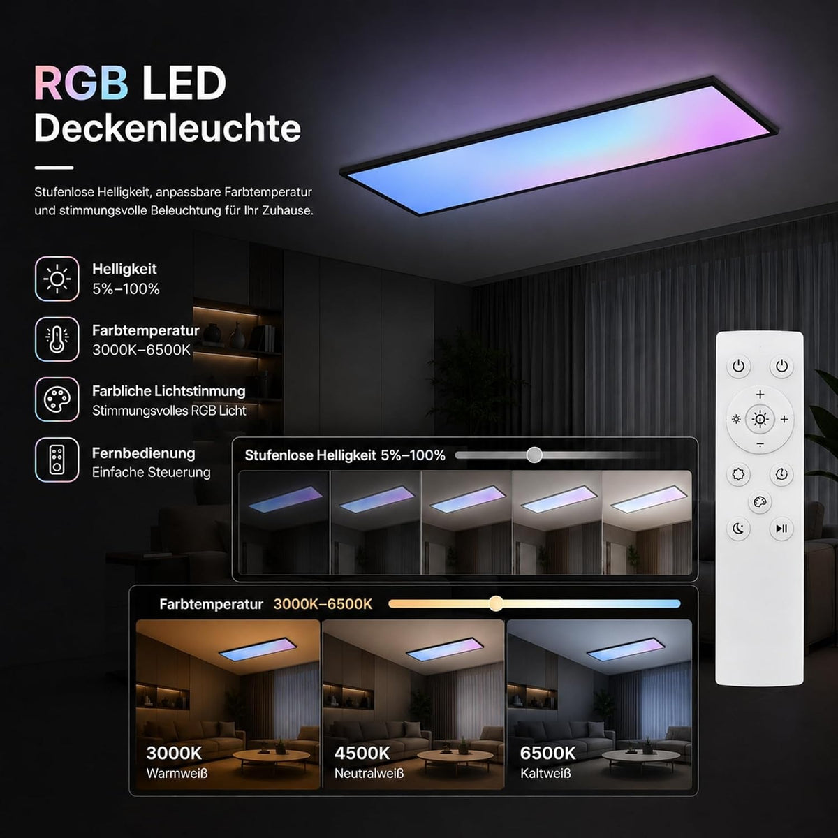 ZMH LED Panel 100x25 Cm Schwarz, LED Deckenleuchte 24 W, Deckenlampe Wohnzimmer