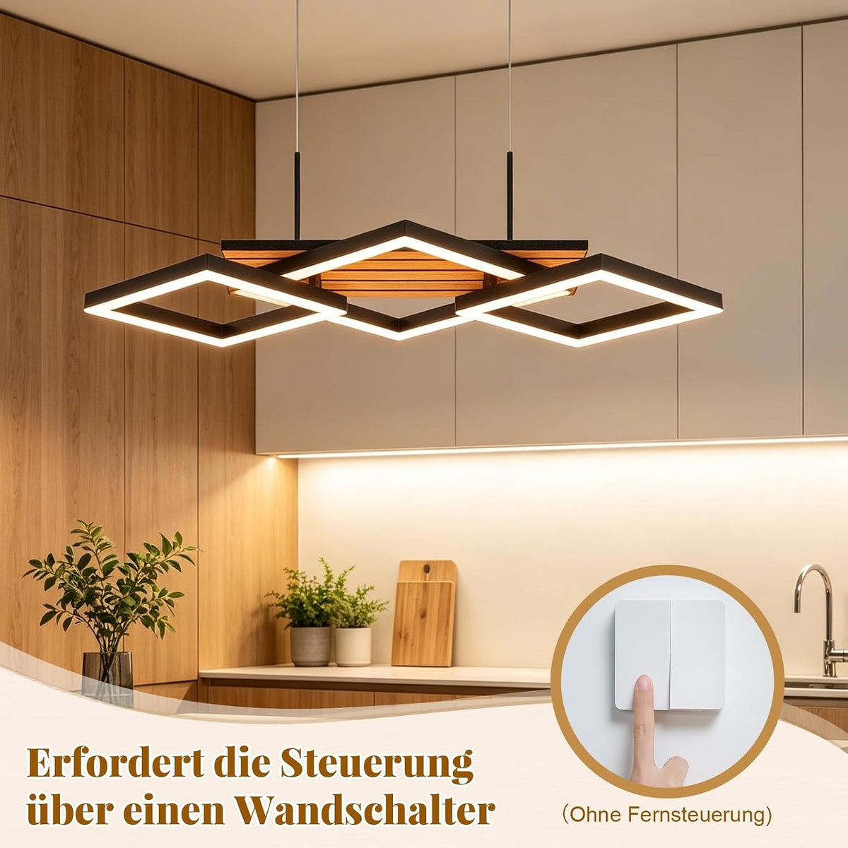 ZMH Pendelleuchte Esstisch LED Hängelampe 3-Rauten-Design Holzoptik 58cm