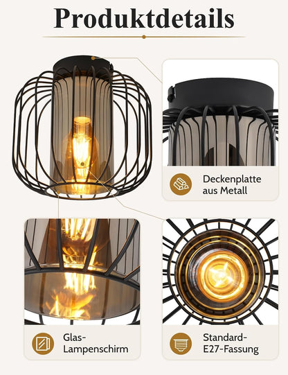 ZMH Deckenleuchte Vintage 1-flammig mit Glas-Schirm E27 schwarzes