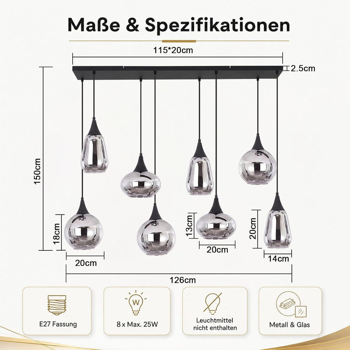ZMH Pendelleuchte Glas Hängelampe E27 Wohnzimmer 8 Flammig Küchenlampe
