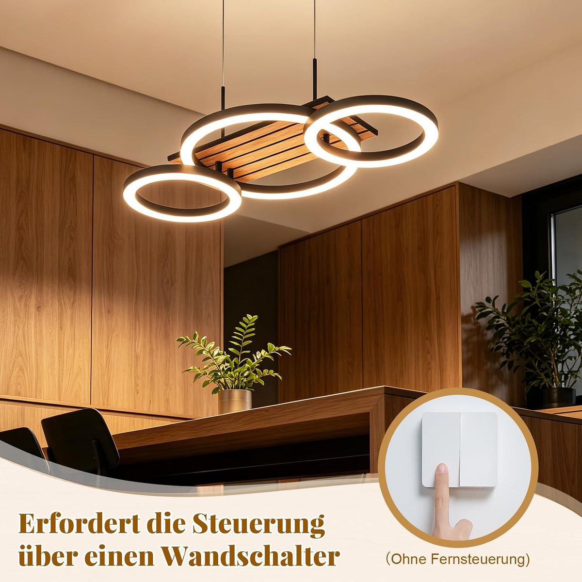 ZMH Pendelleuchte Esstisch 3-Ring-Design LED Hängelampe Holzoptik 58cm