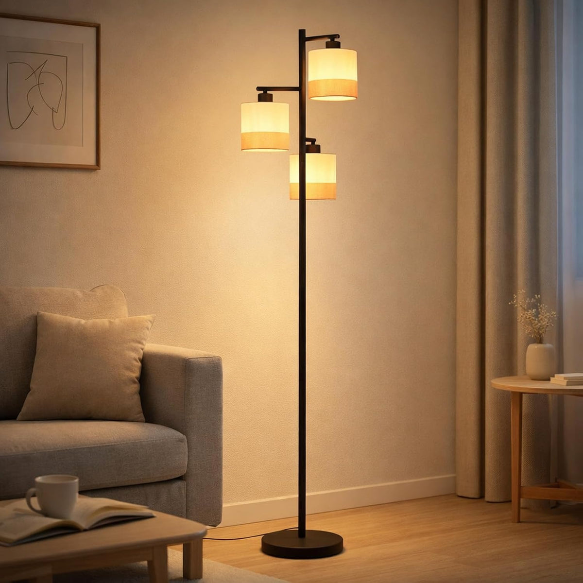 ZMH Stehlampe Wohnzimmer Stehleuchte Vintage Stoff Standlampe 3 Flammig