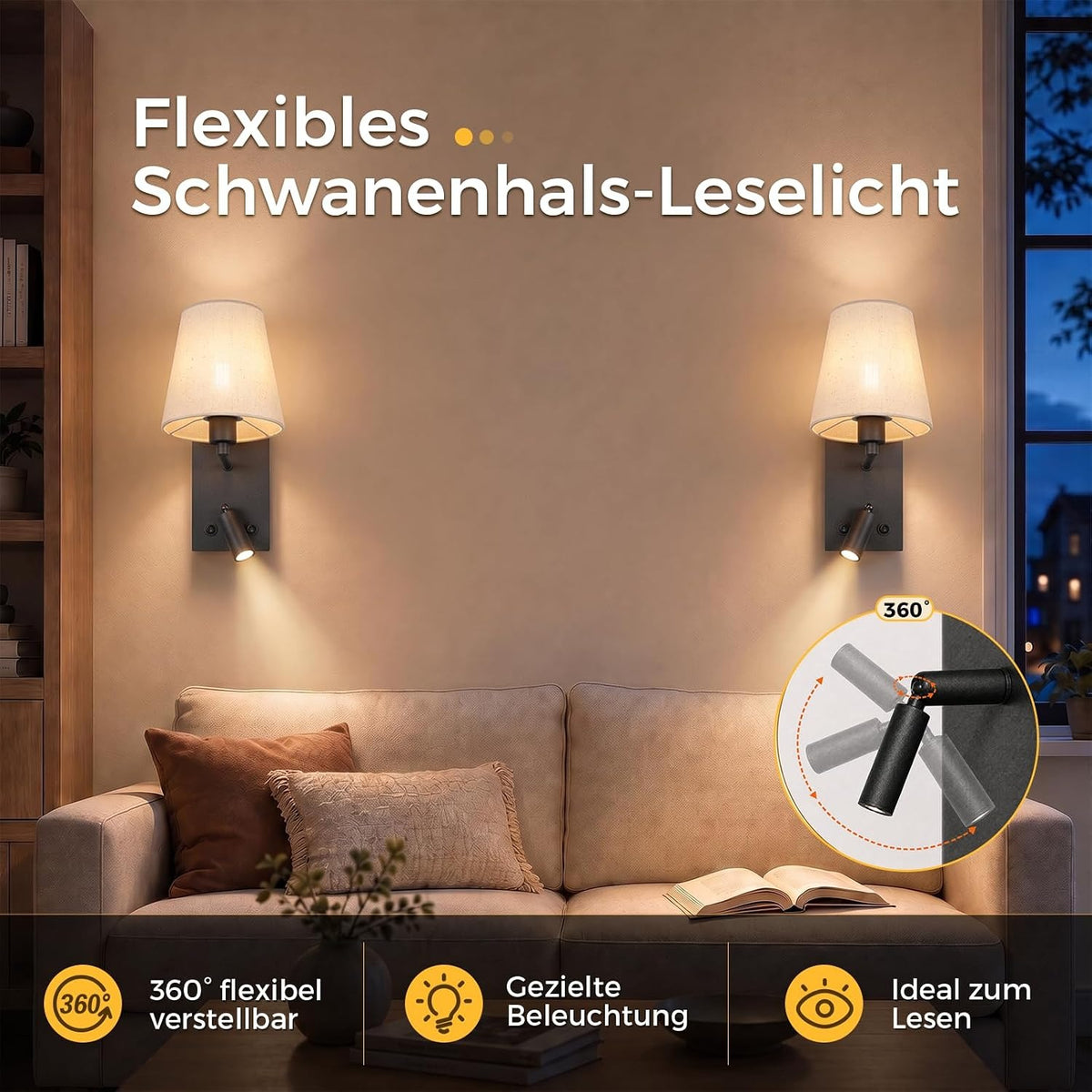 ZMH Wandleuchte mit USB-Ladeanschluss Leselampe E14 Stoffschirm Schwarz