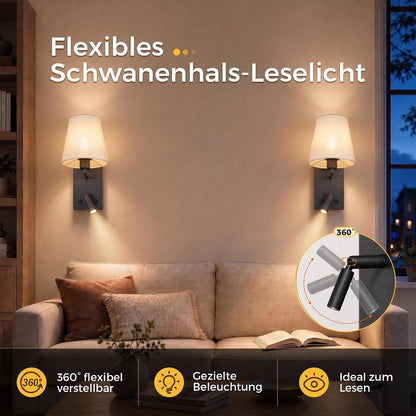ZMH Wandleuchte mit USB-Ladeanschluss Leselampe E14 Stoffschirm Schwarz