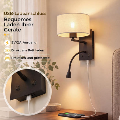 ZMH Wandleuchte Innen mit USB Anschluss Leselampe E27 Stoffschirm Schwarz