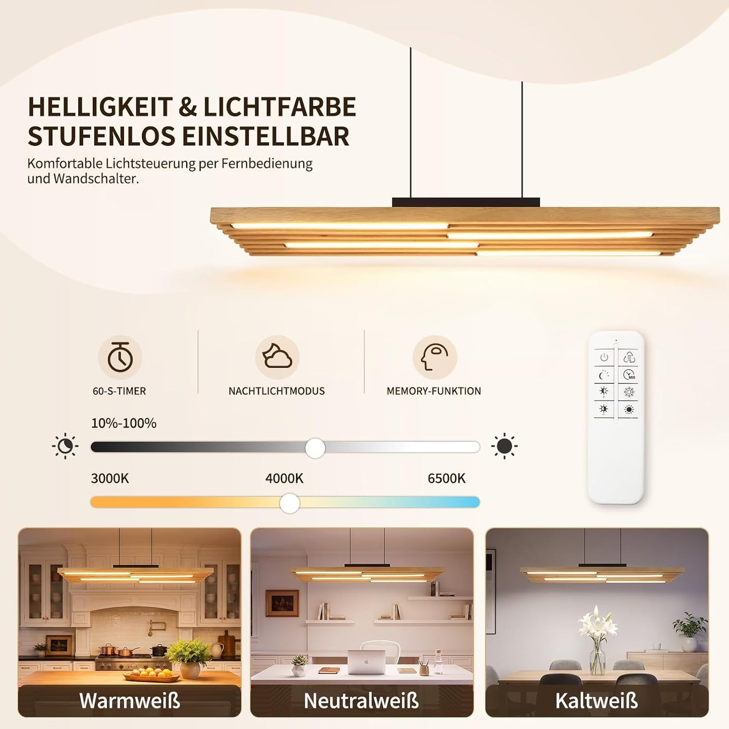 ZMH Pendelleuchte esstisch Holz 33W Hängelampe dimmbar mit Fernbedienung