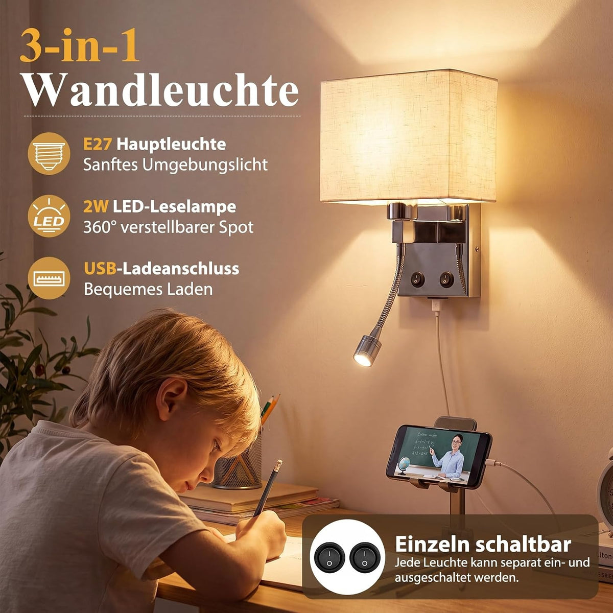 ZMH LED Wandleuchte Innen mit USB-Ladeanschluss und 2W Leselampe